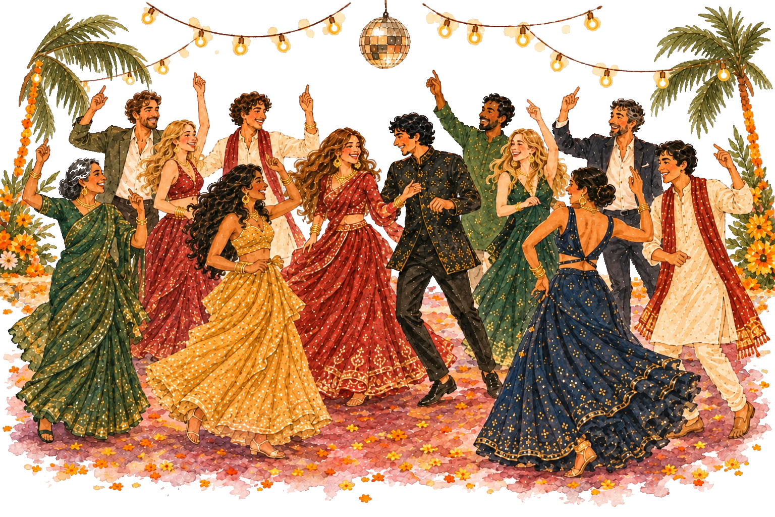 Watercolor friends and family dancing together after the Sangeet
