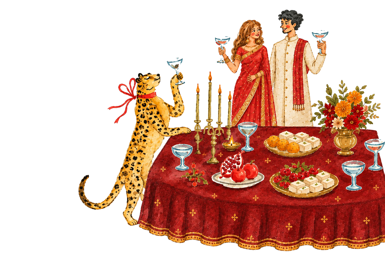 A watercolor Indian wedding celebration table with the couple and a playful leopard raising glasses