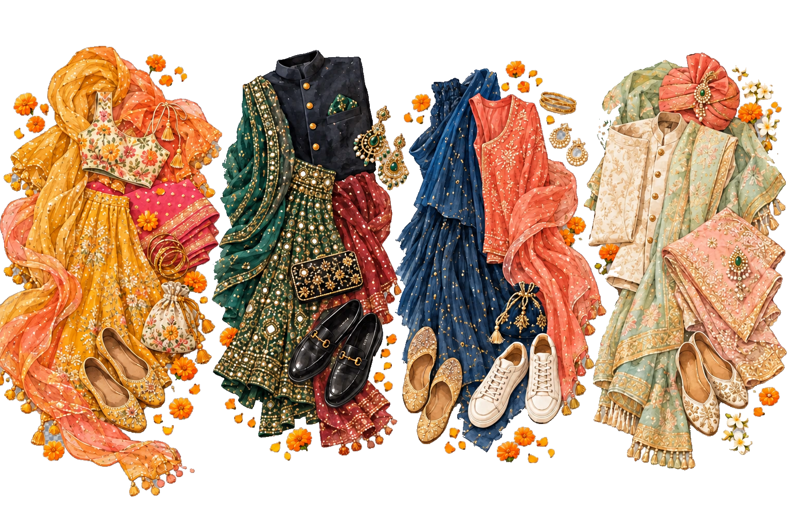 Watercolor edit of vivid, jewel-tone and pastel Indian textiles